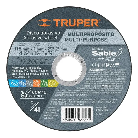 Disco Truper De 4-1/2 X 1 Mm Corte Multimaterial