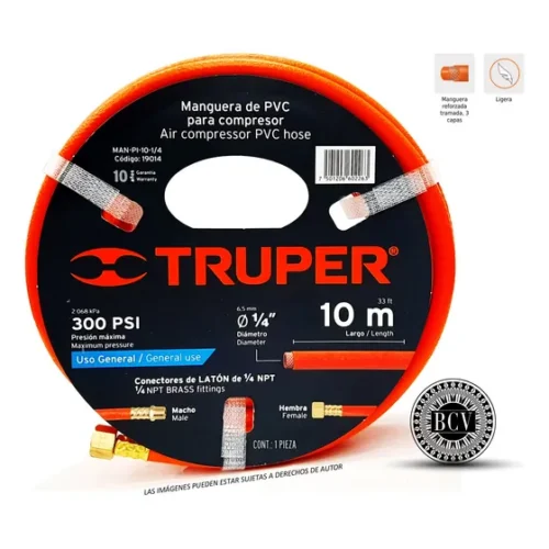 Manguera Para Compresor De 1/4x10m Pvc 300 Psi Truper 19014
